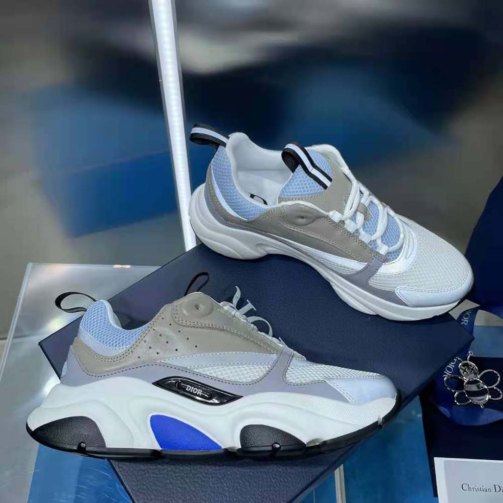 Dior Men B22 Sneaker White and Blue Technical Mesh and Gray Calfskin