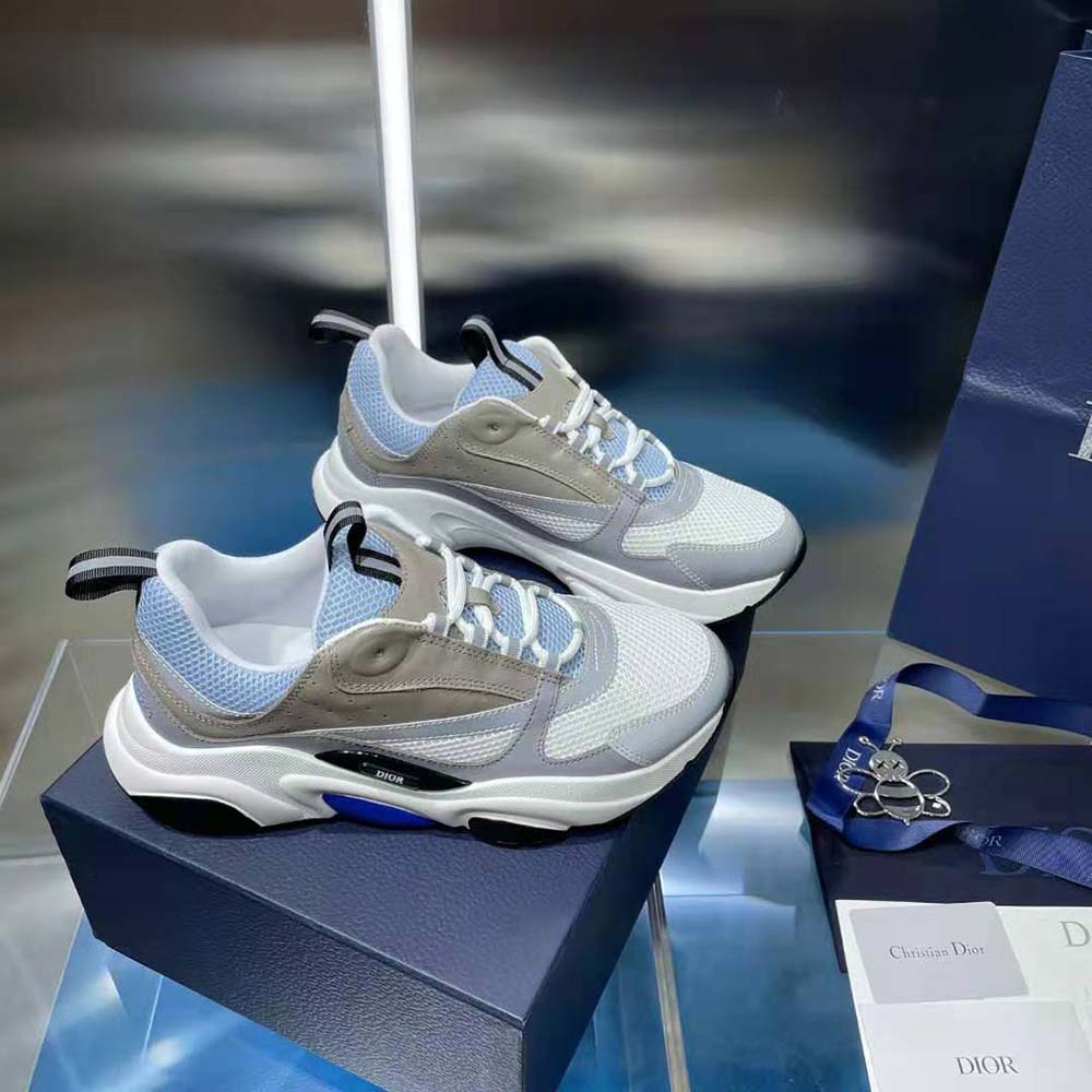 Dior Men B22 Sneaker White and Blue Technical Mesh and Gray Calfskin