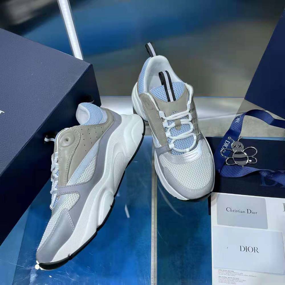Dior Men B22 Sneaker White and Blue Technical Mesh and Gray Calfskin