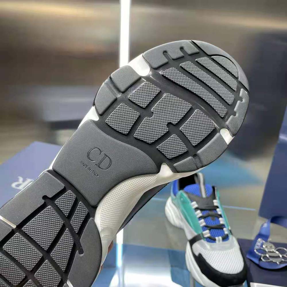 Dior Men B22 Sneaker White and Blue Technical Mesh with Deep Green and Black Smooth Calfskin