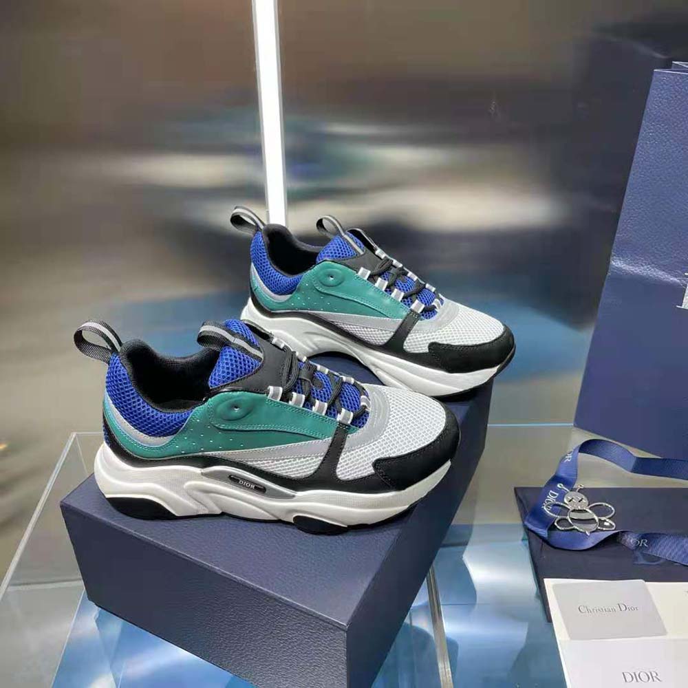 Dior Men B22 Sneaker White and Blue Technical Mesh with Deep Green and Black Smooth Calfskin