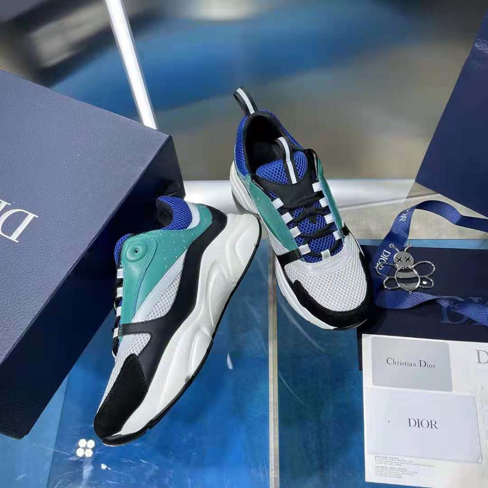 Dior Men B22 Sneaker White and Blue Technical Mesh with Deep Green and Black Smooth Calfskin