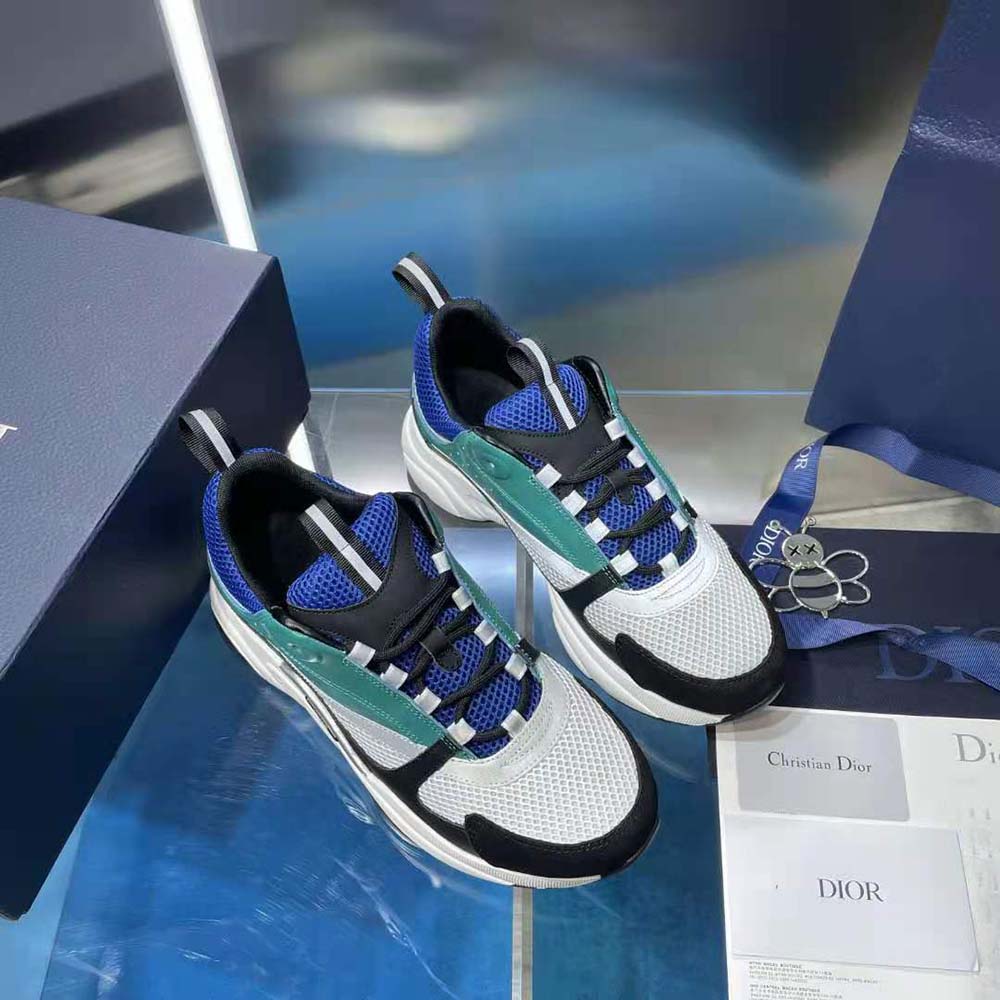 Dior Men B22 Sneaker White and Blue Technical Mesh with Deep Green and Black Smooth Calfskin