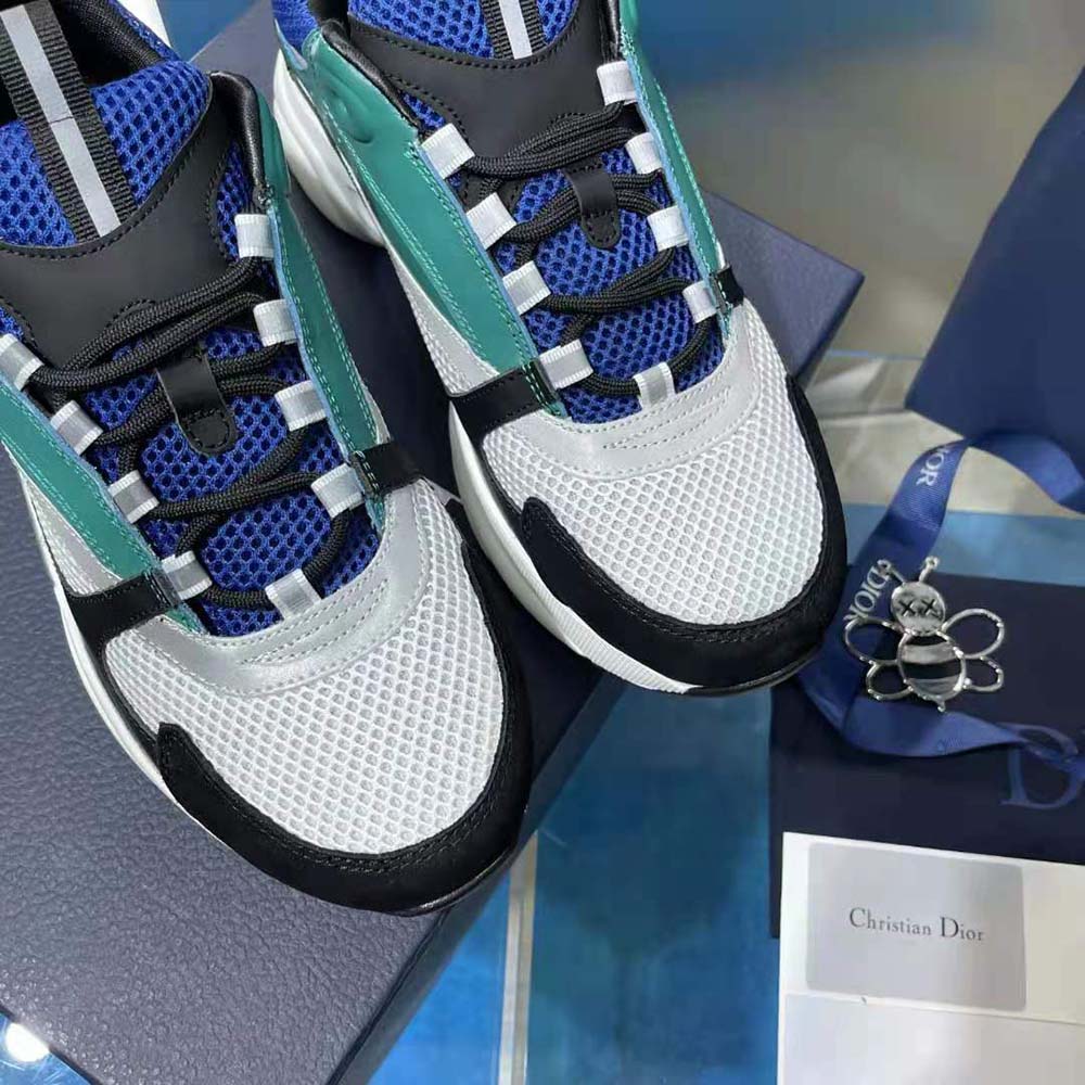 Dior Men B22 Sneaker White and Blue Technical Mesh with Deep Green and Black Smooth Calfskin