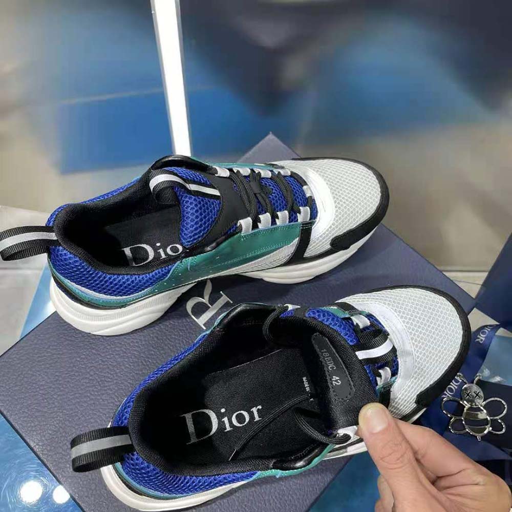 Dior Men B22 Sneaker White and Blue Technical Mesh with Deep Green and Black Smooth Calfskin
