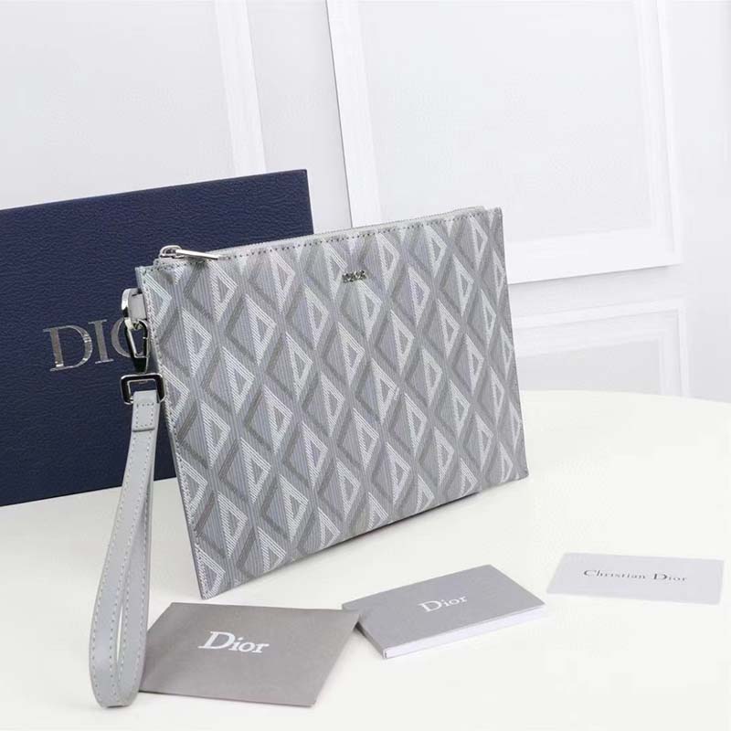 Dior Unisex A5 Pouch Gray CD Diamond Canvas Smooth Calfskin