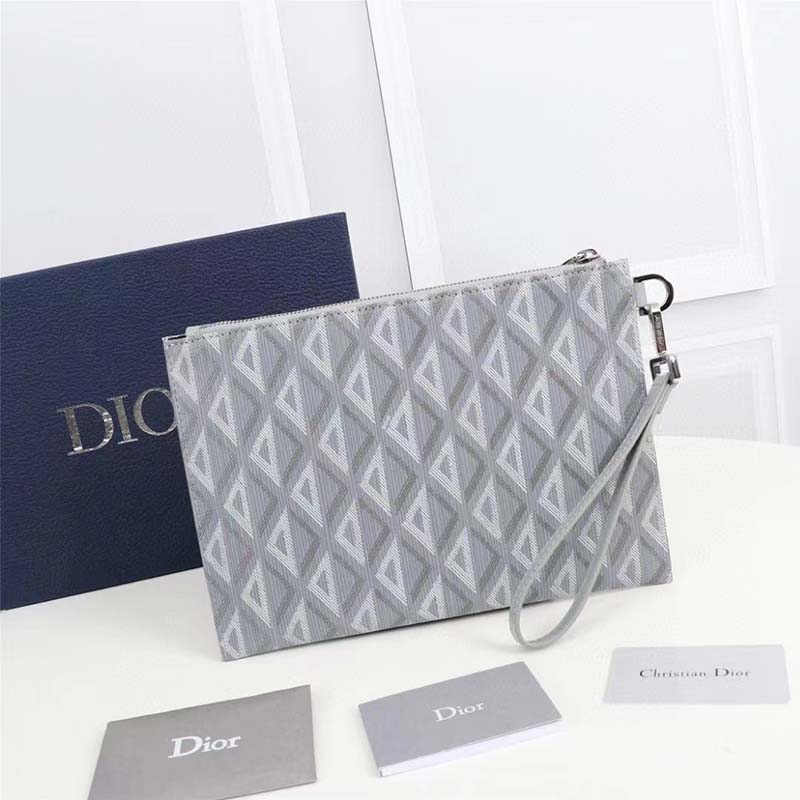 Dior Unisex A5 Pouch Gray CD Diamond Canvas Smooth Calfskin