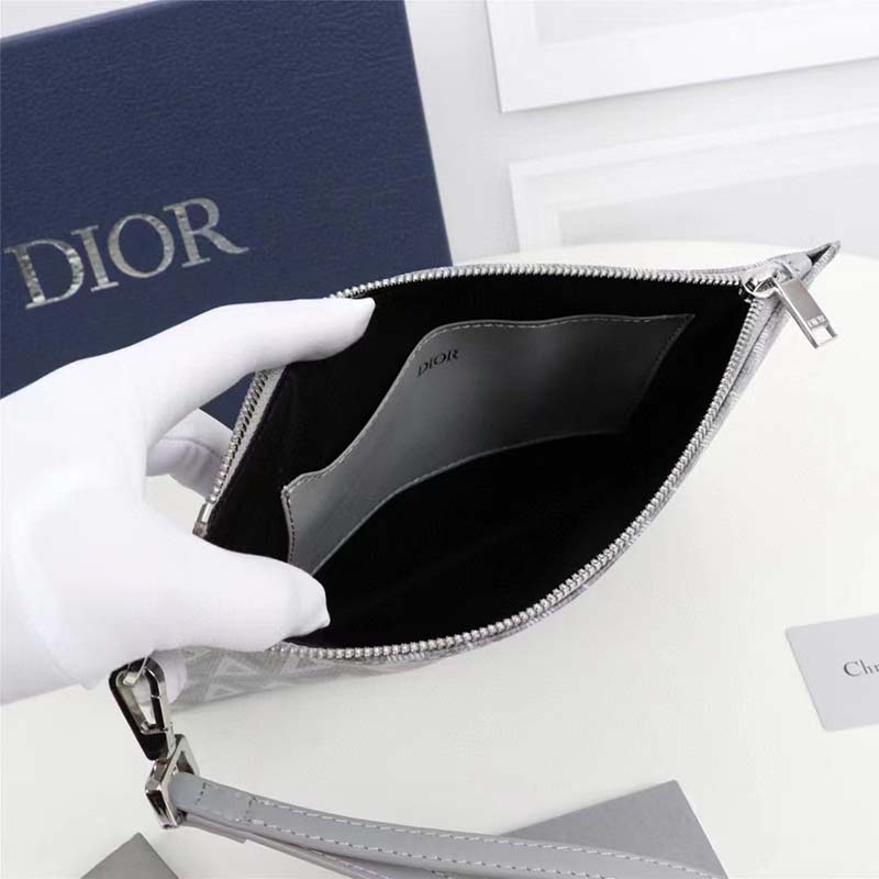 Dior Unisex A5 Pouch Gray CD Diamond Canvas Smooth Calfskin