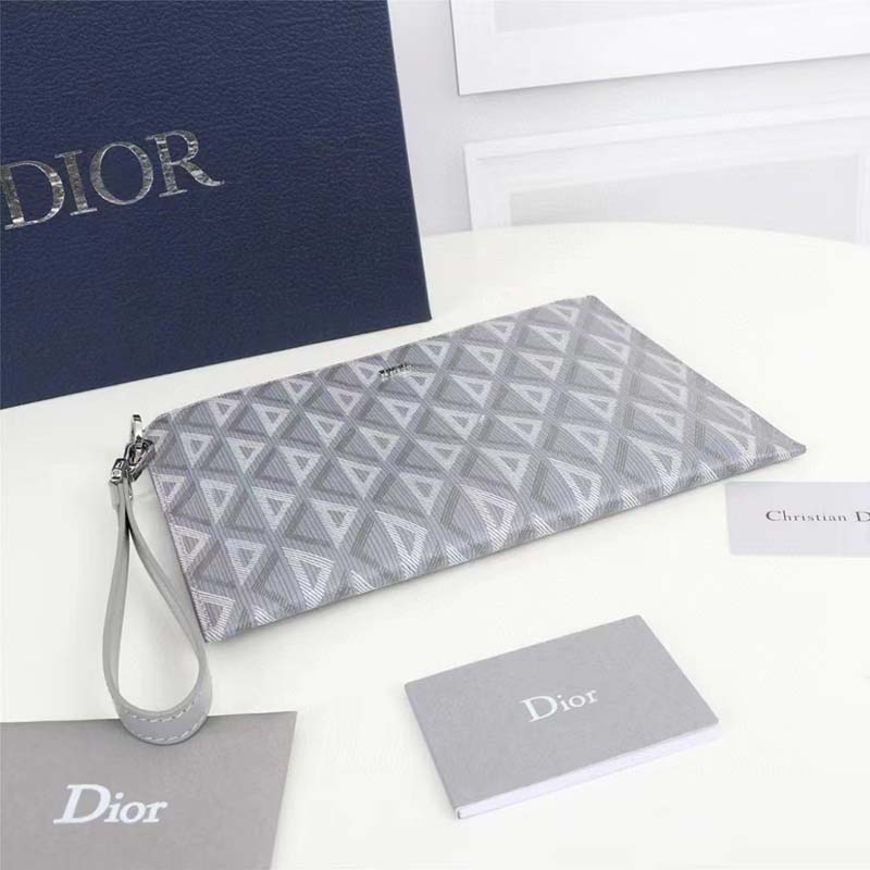 Dior Unisex A5 Pouch Gray CD Diamond Canvas Smooth Calfskin