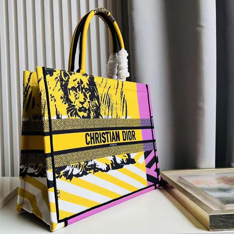 Dior Unisex CD Large Book Tote Yellow Pink D-Jungle Pop Embroidery