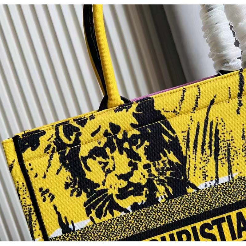 Dior Unisex CD Large Book Tote Yellow Pink D-Jungle Pop Embroidery