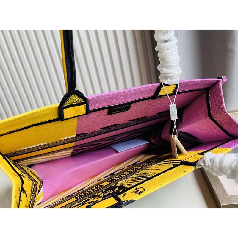 Dior Unisex CD Large Book Tote Yellow Pink D-Jungle Pop Embroidery