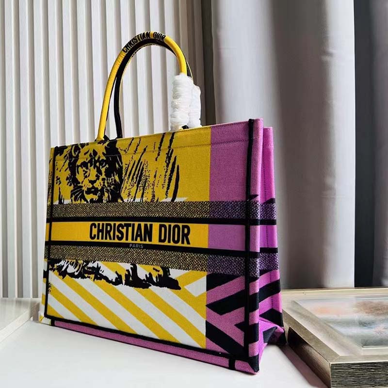 Dior Unisex CD Large Book Tote Yellow Pink D-Jungle Pop Embroidery