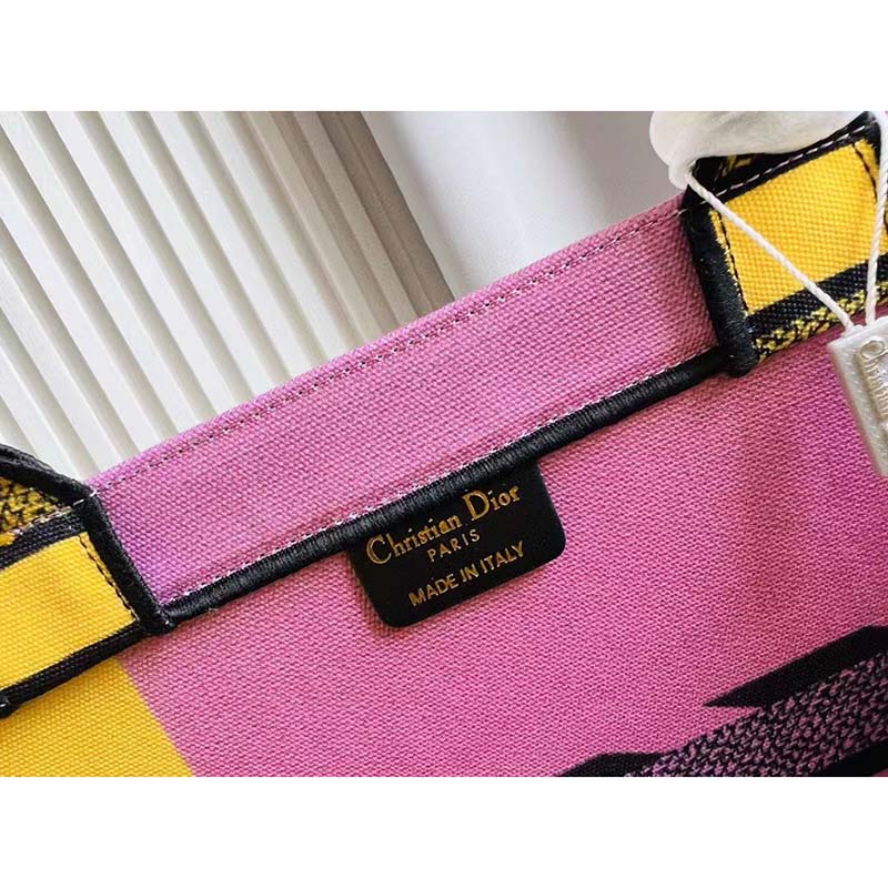 Dior Unisex CD Large Book Tote Yellow Pink D-Jungle Pop Embroidery
