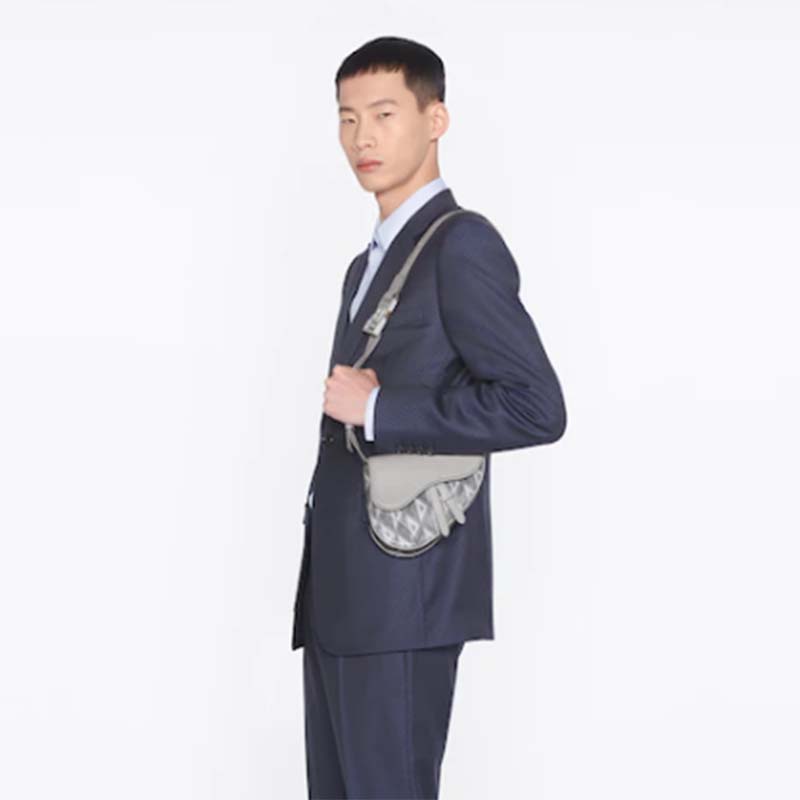 Dior Unisex CD Mini Saddle Bag Gray CD Diamond Canvas Smooth Calfskin