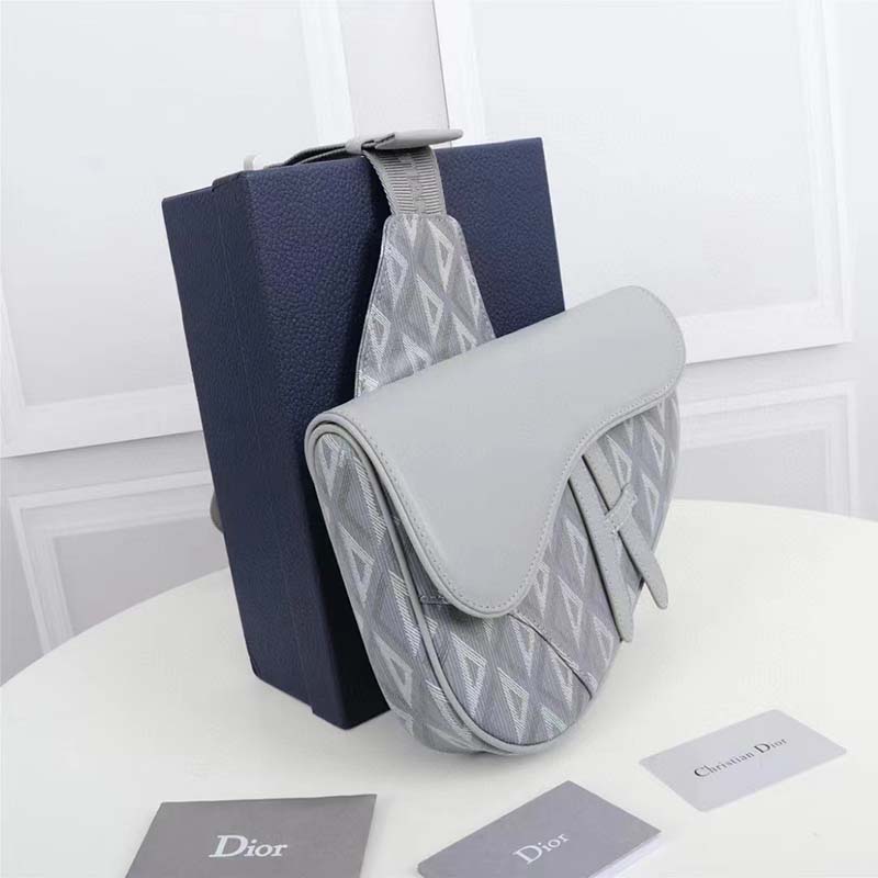 Dior Unisex CD Mini Saddle Bag Gray CD Diamond Canvas Smooth Calfskin