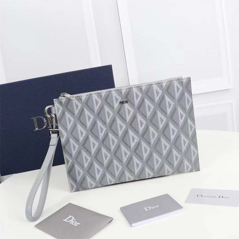 Dior Unisex CD Pouch Gray CD Diamond Canvas DIOR Signature