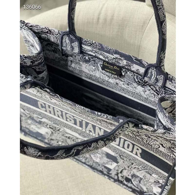 Dior Women CD Medium Book Tote Navy Blue Toile De Jouy Stripes Embroidery
