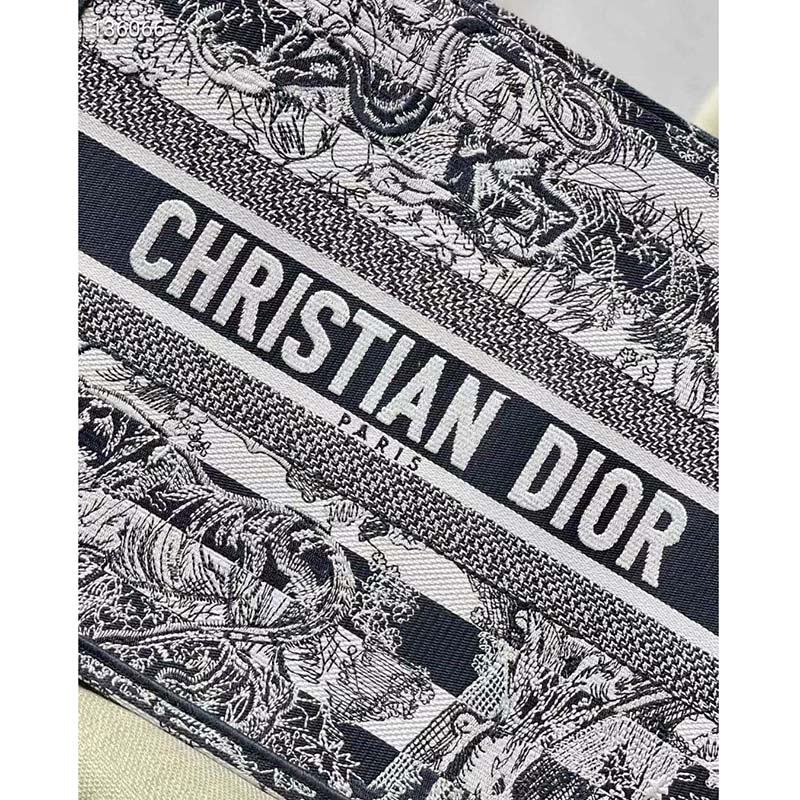 Dior Women CD Medium Book Tote Navy Blue Toile De Jouy Stripes Embroidery