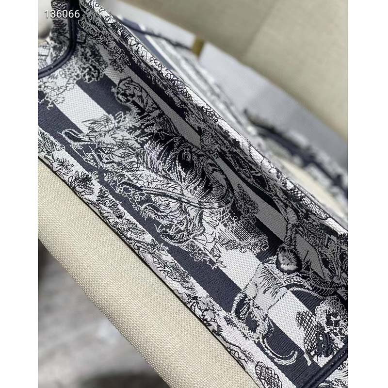 Dior Women CD Medium Book Tote Navy Blue Toile De Jouy Stripes Embroidery