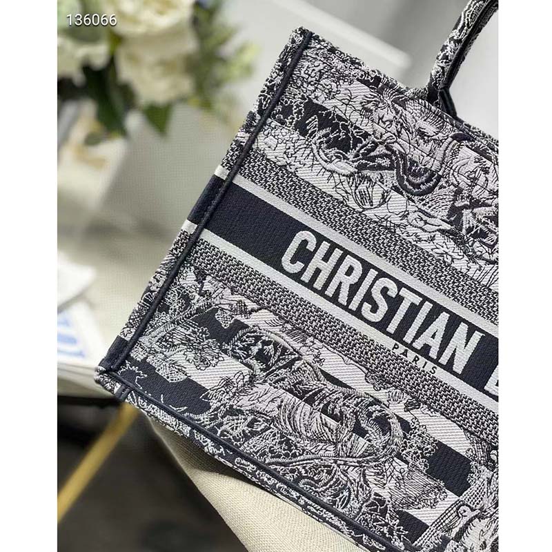Dior Women CD Medium Book Tote Navy Blue Toile De Jouy Stripes Embroidery