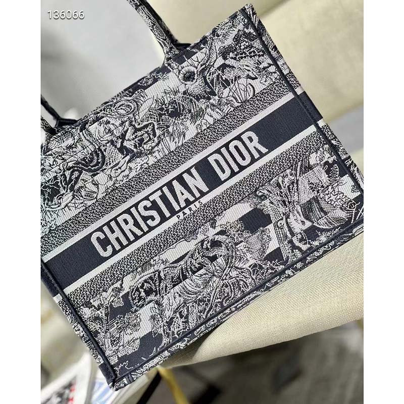 Dior Women CD Medium Book Tote Navy Blue Toile De Jouy Stripes Embroidery