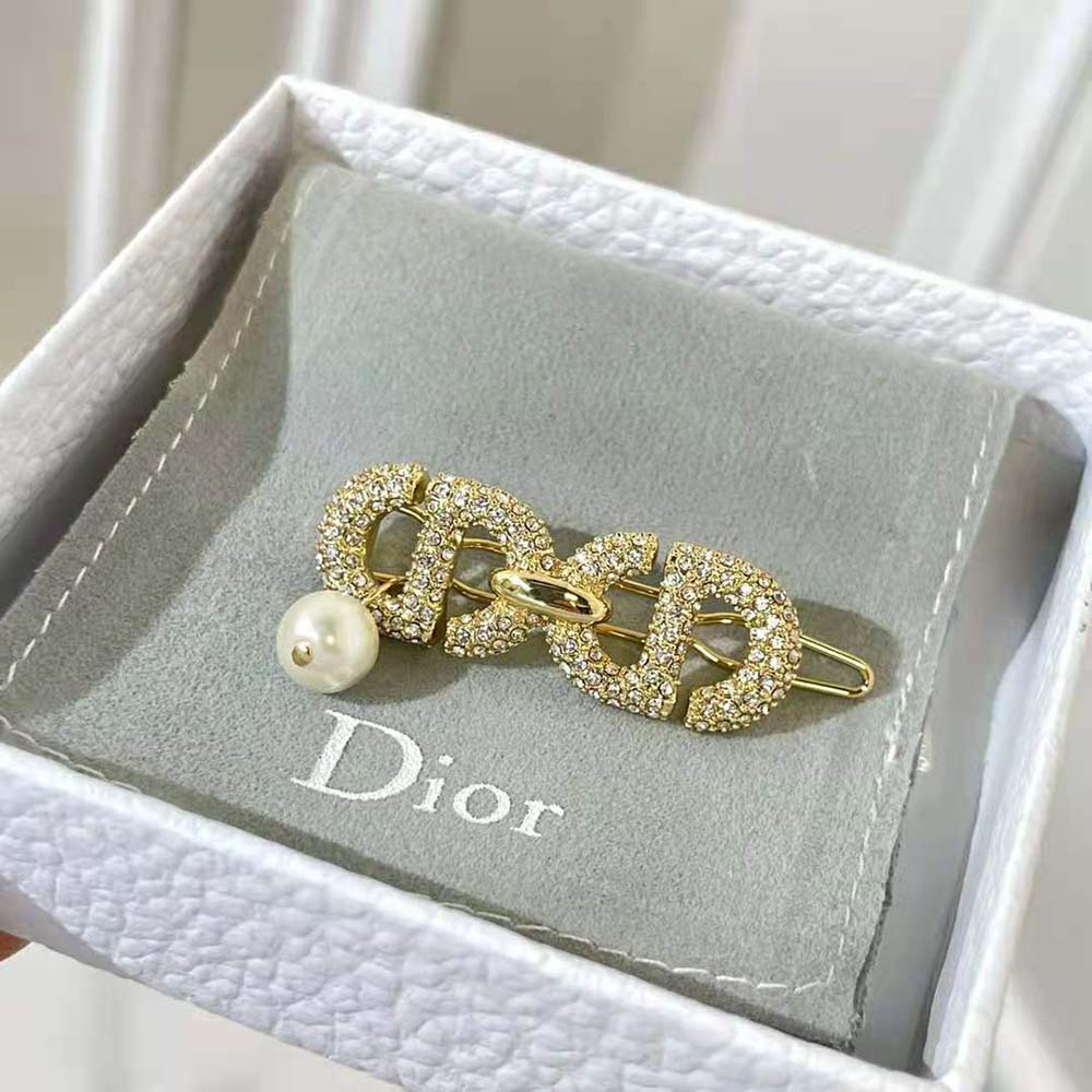 Dior Women CD Navy Barrette Gold-Finish Metal and White Crystals