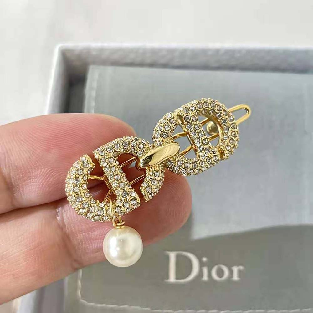Dior Women CD Navy Barrette Gold-Finish Metal and White Crystals
