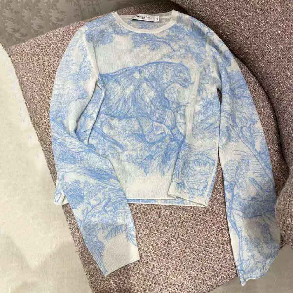 Dior Women Chez Moi Embroidered Sweater Cornflower Blue Technical Cashmere Knit