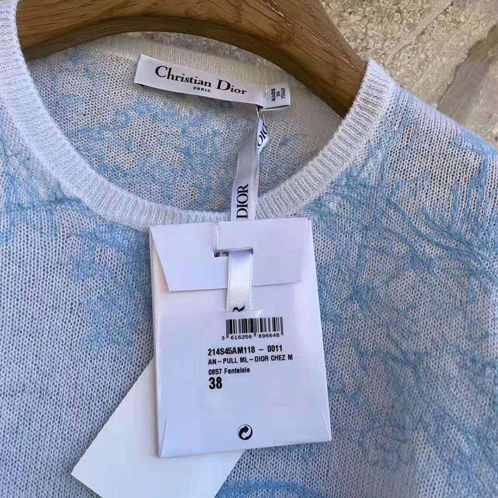 Dior Women Chez Moi Embroidered Sweater Cornflower Blue Technical Cashmere Knit
