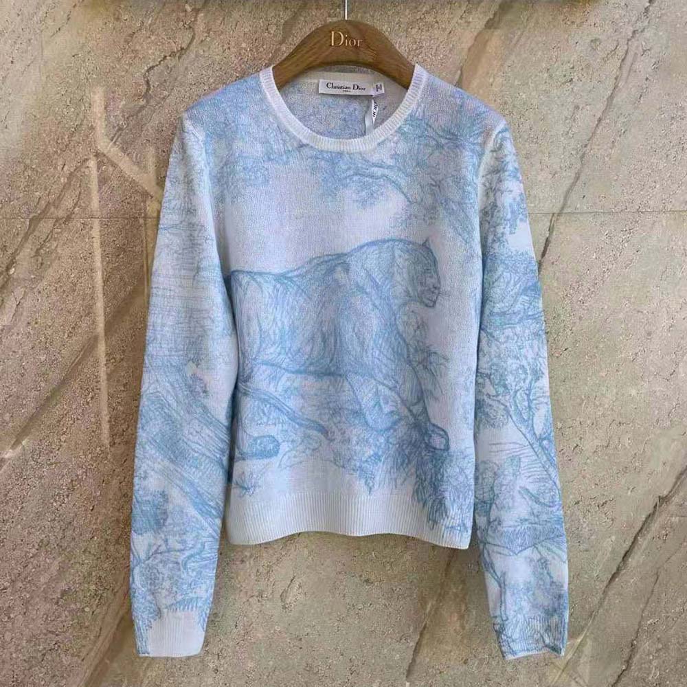 Dior Women Chez Moi Embroidered Sweater Cornflower Blue Technical Cashmere Knit