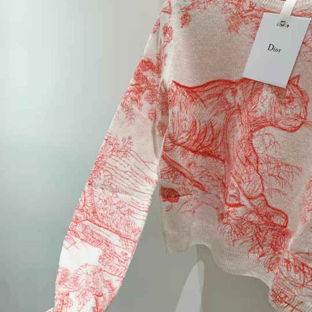 Dior Women Chez Moi Embroidered Sweater Peony Pink Technical Cashmere Knit