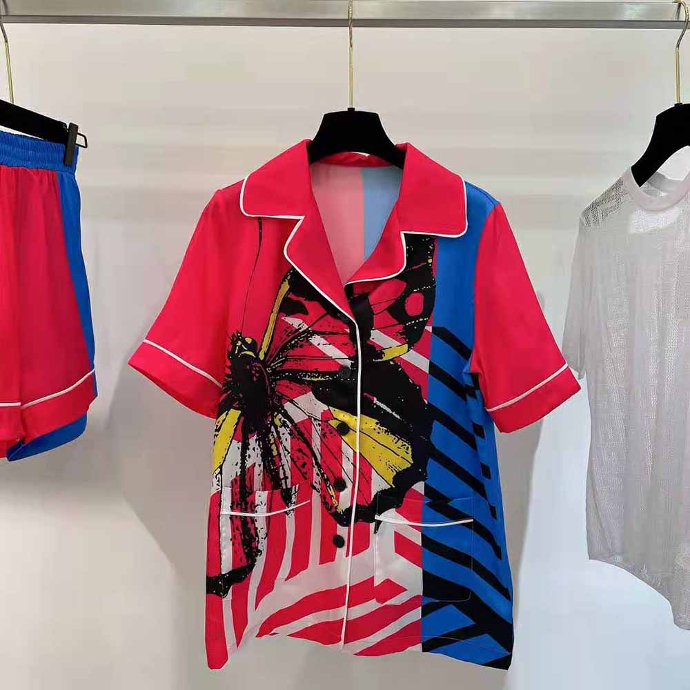 Dior Women Chez Moi Short-Sleeved Shirt Bright Pink and Fluorescent Blue D-Jungle Pop Silk Twill