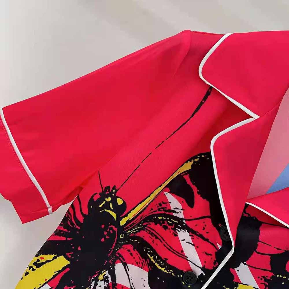 Dior Women Chez Moi Short-Sleeved Shirt Bright Pink and Fluorescent Blue D-Jungle Pop Silk Twill