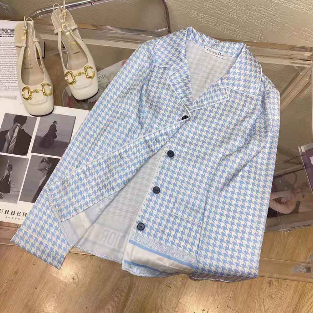 Dior Women Chez Moi Short-Sleeved Shirt Cornflower Blue Silk Twill