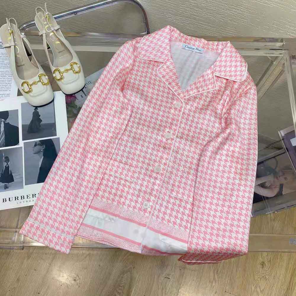 Dior Women Chez Moi Short-Sleeved Shirt Peony Pink Silk Twill with Micro Houndstooth Motif