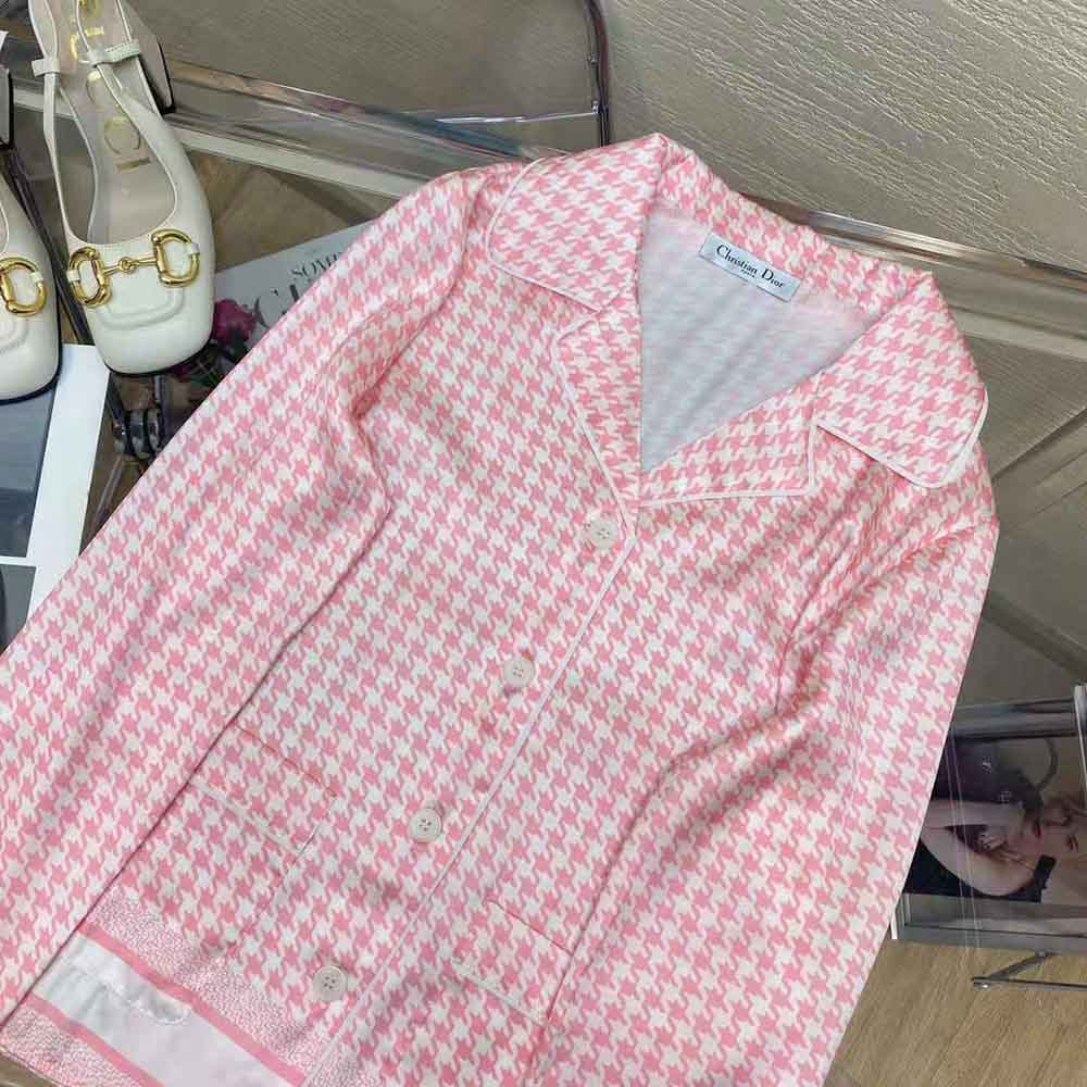 Dior Women Chez Moi Short-Sleeved Shirt Peony Pink Silk Twill with Micro Houndstooth Motif
