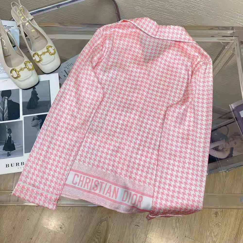 Dior Women Chez Moi Short-Sleeved Shirt Peony Pink Silk Twill with Micro Houndstooth Motif