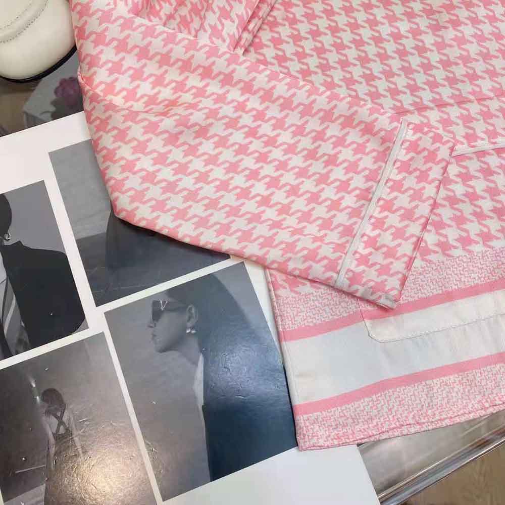 Dior Women Chez Moi Short-Sleeved Shirt Peony Pink Silk Twill with Micro Houndstooth Motif