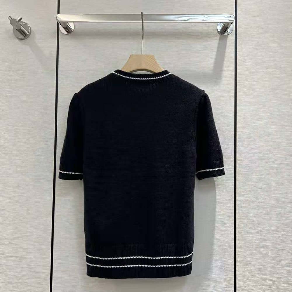 Dior Women Christian Dior Short-Sleeved Sweater Navy Blue Cashmere and Wool Knit