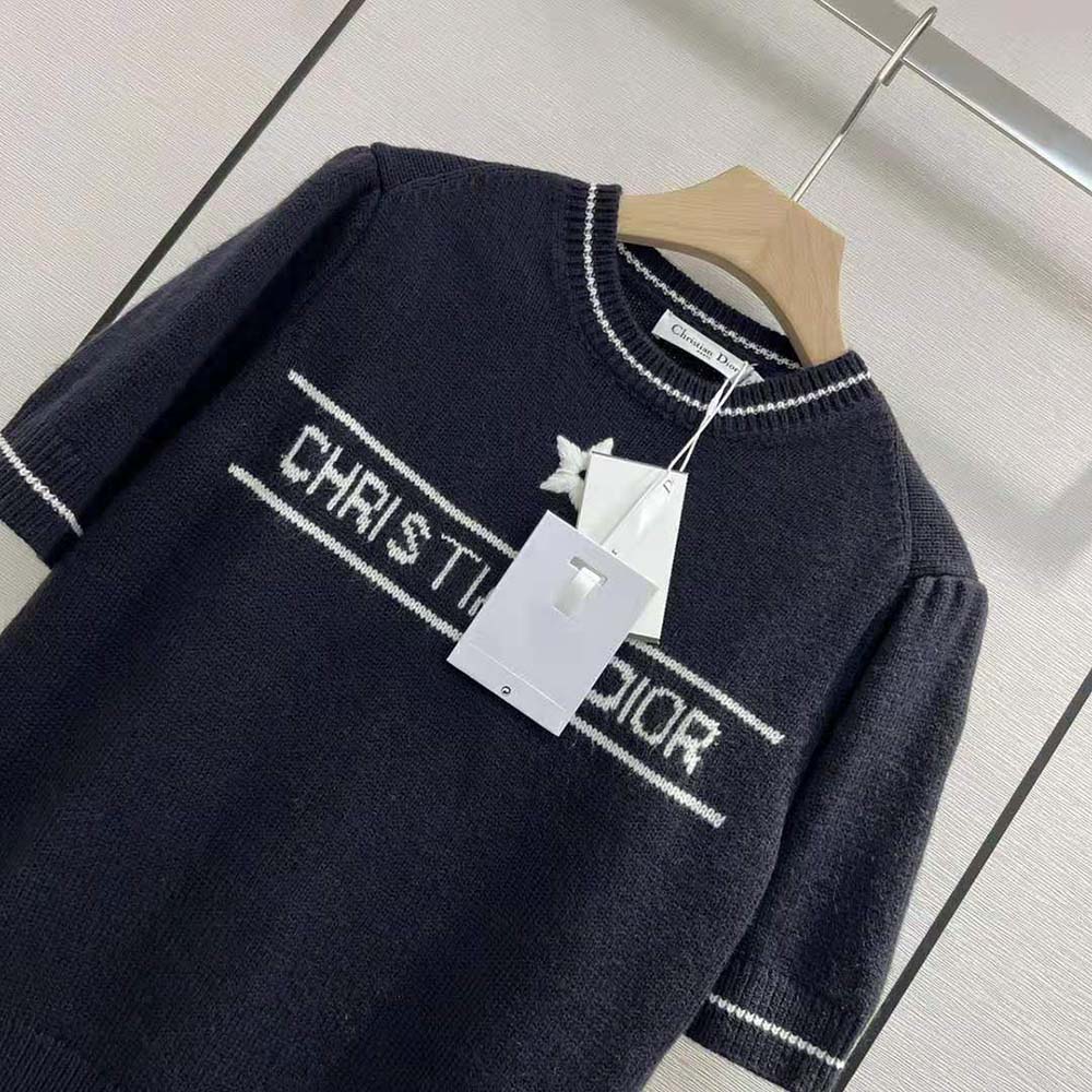 Dior Women Christian Dior Short-Sleeved Sweater Navy Blue Cashmere and Wool Knit