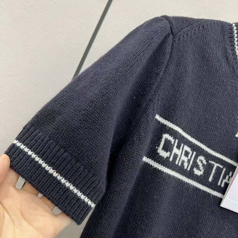 Dior Women Christian Dior Short-Sleeved Sweater Navy Blue Cashmere and Wool Knit