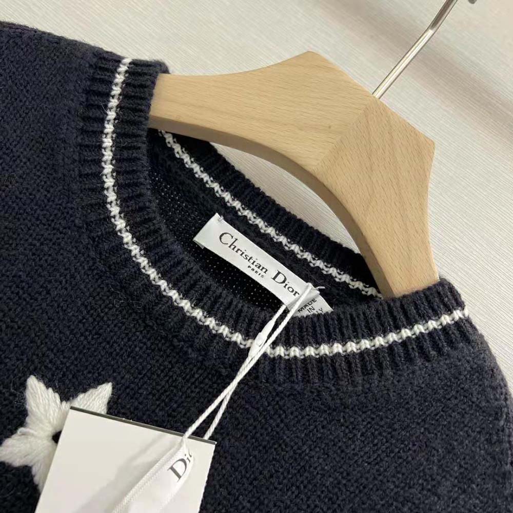 Dior Women Christian Dior Short-Sleeved Sweater Navy Blue Cashmere and Wool Knit
