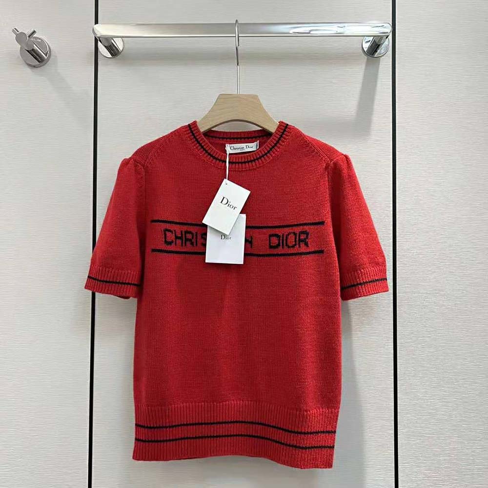 Dior Women Christian Dior Short-Sleeved Sweater Red Cashmere and Wool Knit