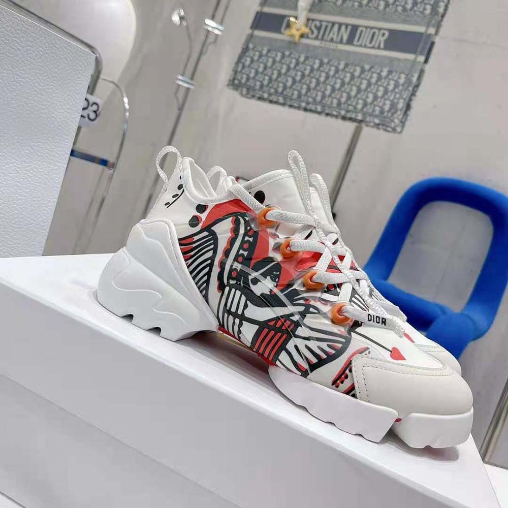Dior Women D-Connect Sneaker White Technical Fabric with Red and Black Cupidon Print