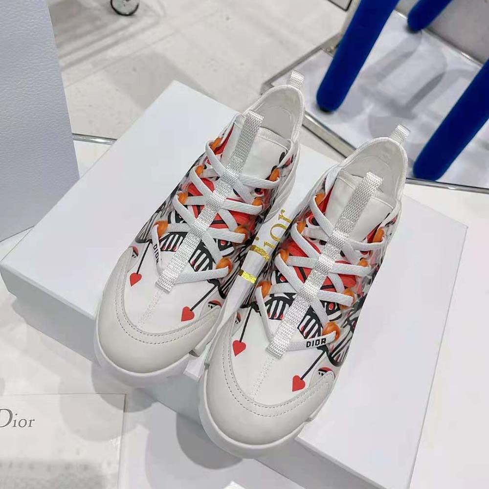 Dior Women D-Connect Sneaker White Technical Fabric with Red and Black Cupidon Print