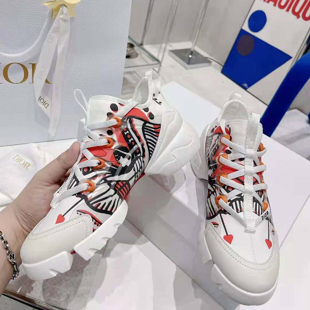 Dior Women D-Connect Sneaker White Technical Fabric with Red and Black Cupidon Print