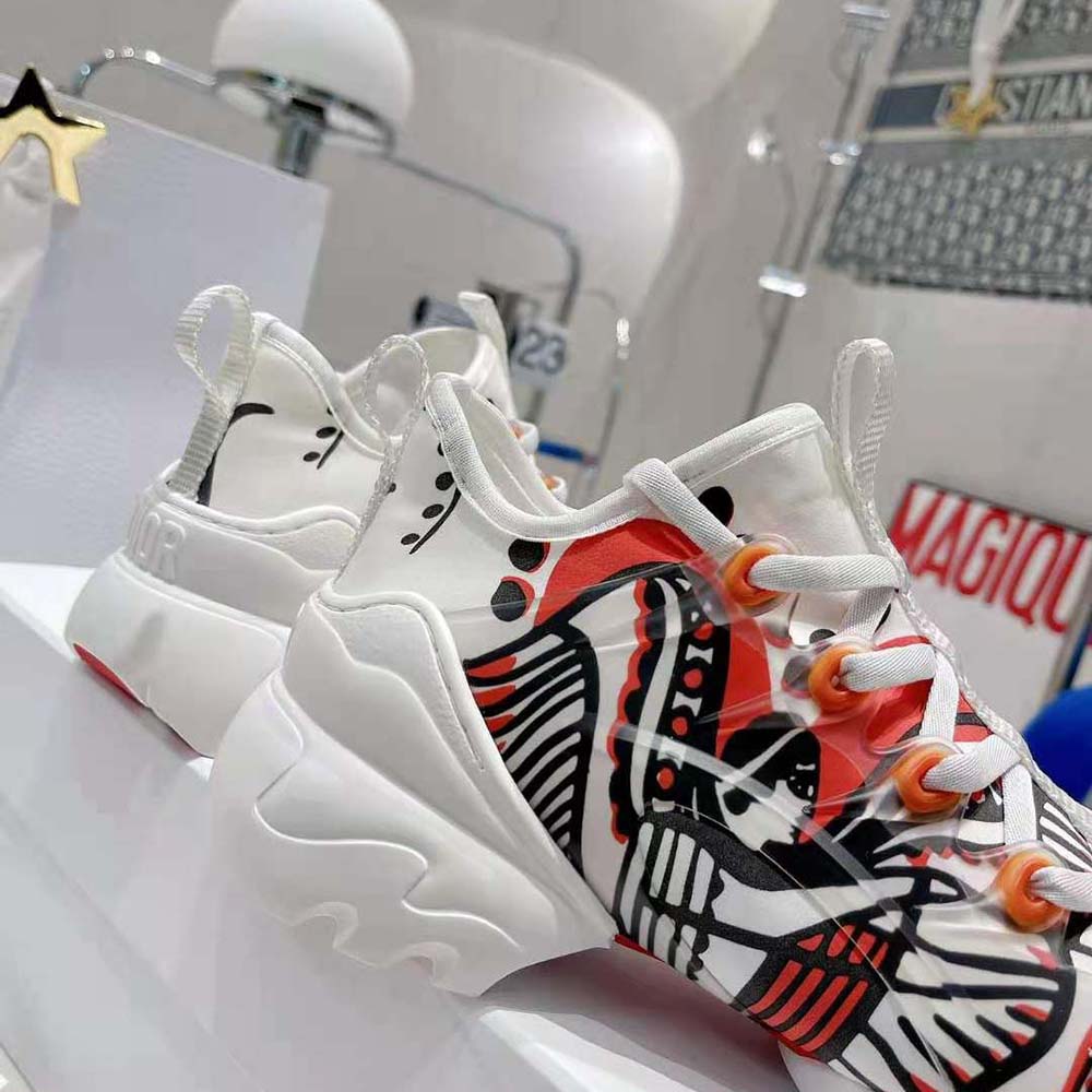 Dior Women D-Connect Sneaker White Technical Fabric with Red and Black Cupidon Print