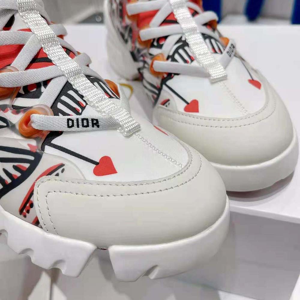 Dior Women D-Connect Sneaker White Technical Fabric with Red and Black Cupidon Print
