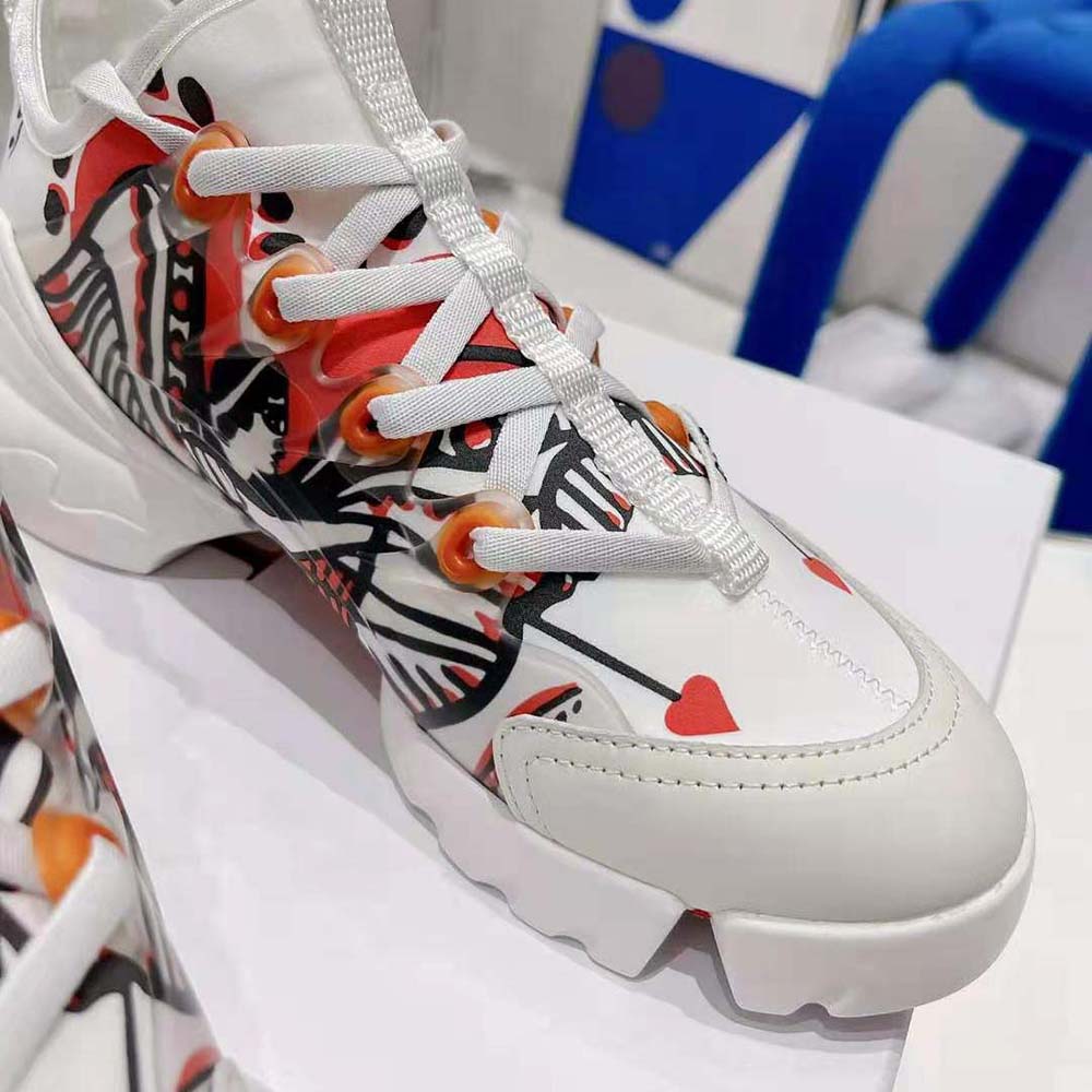 Dior Women D-Connect Sneaker White Technical Fabric with Red and Black Cupidon Print